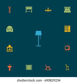 Set Of 13 Situation Icons Set.Collection Of Illuminator, Sofa, Commode And Other Elements.