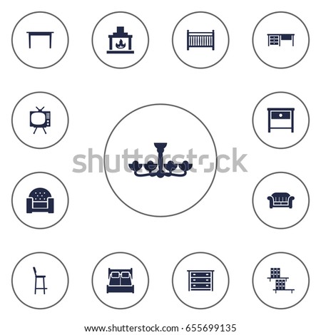 Set Of 13 Situation Icons Set.Collection Of Worktop, Chair, Couch And Other Elements.