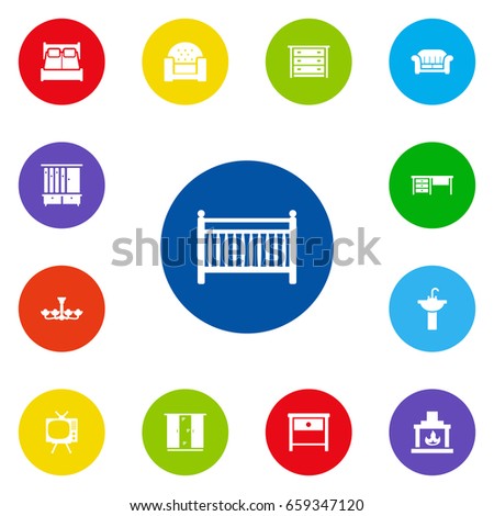 Set Of 13 Situation Icons Set.Collection Of Bedroom, Cupboard, Cot And Other Elements.