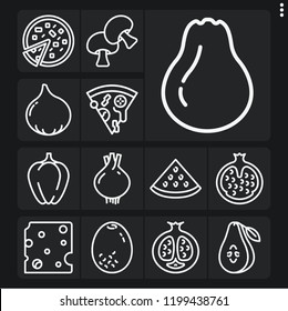 Set of 13 slice outline icons such as pizza, watermelon, pear, cheese, mushroom, pomegranate, bell pepper, celery, kiwi