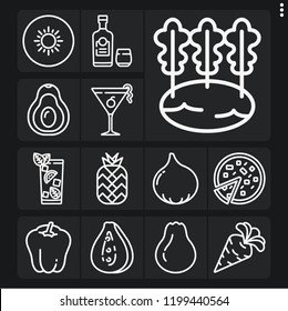 Set of 13 slice outline icons such as cosmopolitan, rum, gin tonic, avocado, pizza, celery, mango, carrot, bell pepper, kiwi, pineapple, pear