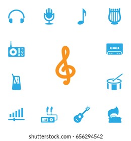 Set Of 13 Song Icons Set.Collection Of Tone Symbol, Tambourine, Turntable And Other Elements.