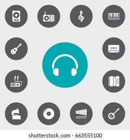 Set Of 13 Song Icons Set.Collection Of Quaver, Turntable, Octave Keyboard And Other Elements.