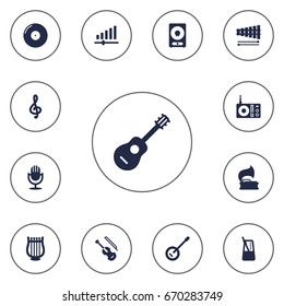 Set Of 13 Song Icons Set.Collection Of Lyre, Acoustic, Fiddle And Other Elements.