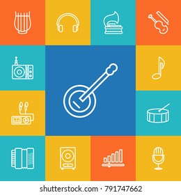 Set Of 13 Song Outline Icons Set.Collection Of Harmonica, Stringed, Headphones And Other Elements.
