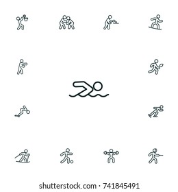 Set Of 13 Sport Outline Icons Set.Collection Of Basket, Power-Lifting, Swimming And Other Elements.