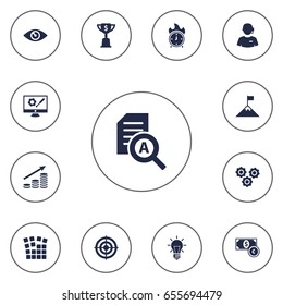 Set Of 13 Startup Icons Set.Collection Of Vision, Goal, Goblet And Other Elements.