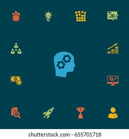 Set Of 13 Startup Icons Set.Collection Of Unity, Time In Fire, Bulb And Other Elements.