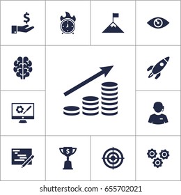 Set Of 13 Startup Icons Set.Collection Of Vision, Achievement, Time In Fire And Other Elements.