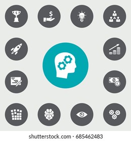 Set Of 13 Startup Icons Set.Collection Of Intelligence, Goblet, Currency And Other Elements.