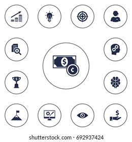 Set Of 13 Startup Icons Set.Collection Of Money Growth, Currency, Goal And Other Elements.