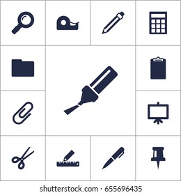 Set Of 13 Stationery Icons Set.Collection Of Sticky, Ink, Highlighter And Other Elements.