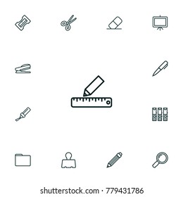 Set Of 13 Stationery Outline Icons Set.Collection Of Drawing, Marker, Sharpener And Other Elements.