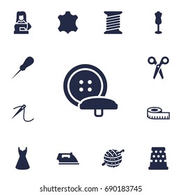 Set Of 13 Stitch Icons Set.Collection Of Seamstress, Bodkin, Mannequin And Other Elements.