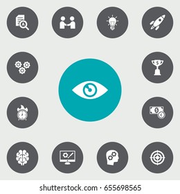 Set Of 13 Strategy Icons Set.Collection Of Vision, Goal, Time In Fire And Other Elements.