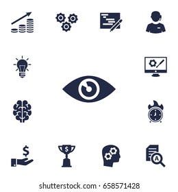 Set Of 13 Strategy Icons Set.Collection Of Bulb, Goblet, Time In Fire And Other Elements.