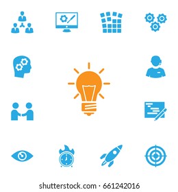 Set Of 13 Strategy Icons Set.Collection Of Bulb, Unity, Rocket And Other Elements.