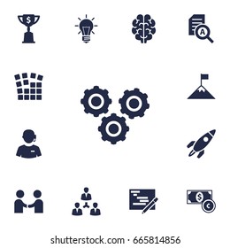 Set Of 13 Strategy Icons Set.Collection Of Bulb, Currency, Gear And Other Elements.