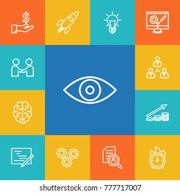Set Of 13 Strategy Outline Icons Set.Collection Of Research, Teamwork, Startup And Other Elements.