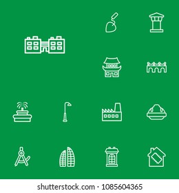 Set of 13 structure icons line style set. Collection of smart house, control tower, metropolis and other elements.