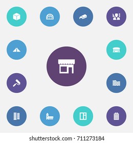 Set Of 13 Structure Icons Set.Collection Of Cube, Apartment, Aztec Pyramid And Other Elements.