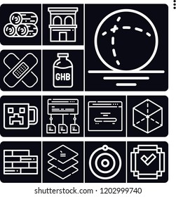 Set of 13 structure outline icons such as wood, sphere, cube, building, brick wall, minecraft, ghb, atom, plaster, home page, data flow