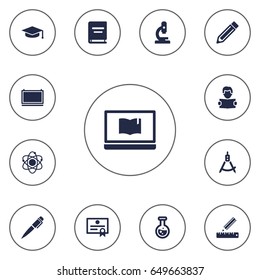 Set Of 13 Studies Icons Set.Collection Of Pencil, Blackboard, Magnet Navigator And Other Elements.