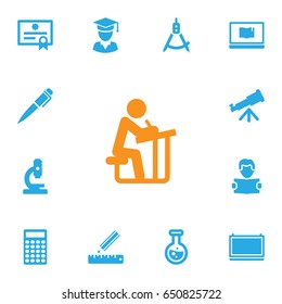 Set Of 13 Studies Icons Set.Collection Of Blackboard, Notebook, Binoculars And Other Elements.