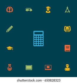 Set Of 13 Studies Icons Set.Collection Of Flask, Drawing Tool, Notebook And Other Elements.