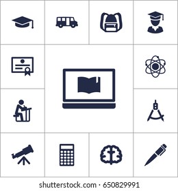 Set Of 13 Studies Icons Set.Collection Of Academic Hat, Calculate, Notebook And Other Elements.