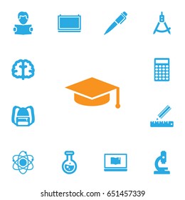 Set Of 13 Studies Icons Set.Collection Of Rucksack, Reading, Marrow And Other Elements.