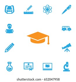 Set Of 13 Studies Icons Set.Collection Of Rucksack, Drawing Tool, Certificate And Other Elements.