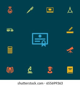 Set Of 13 Studies Icons Set.Collection Of Textbook, Notebook, Rucksack And Other Elements.