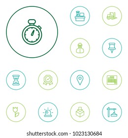 Set of 13 systematization icons line style set. Collection of customs, invoice, stopwatch and other elements.