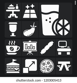 Set of 13 table filled icons such as cup, pizza, bar chart, eggplant, floor, graphic design, desk, sandwich, sausage, coffee, dinner table, picnic table