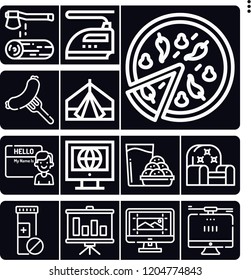 Set of 13 table outline icons such as wood, cookies, bar chart, sofa, pizza, computer, vitamin, iron, tent, reunion