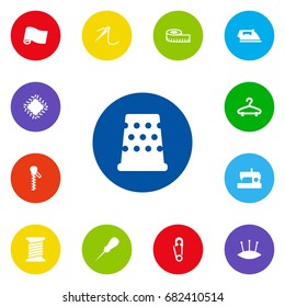 Set Of 13 Tailor Icons Set.Collection Of Machine, Rack, Seamstress And Other Elements.