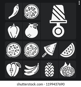 Set of 13 tasty filled icons such as bananas, pizza, pepper, fig, bell pepper, apple, lollipop, popsicle, pineapple, watermelon