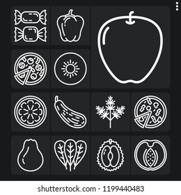 Set of 13 tasty outline icons such as butternut squash, dill, apple, candies, orange, pizza, spinach, durian, kiwi, peach, bell pepper