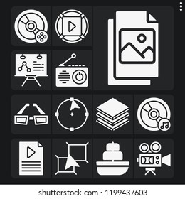 Set of 13 technology filled icons such as ship, video player, d glasses, radio, video camera, playlist, compact disc, file, layers, analytics