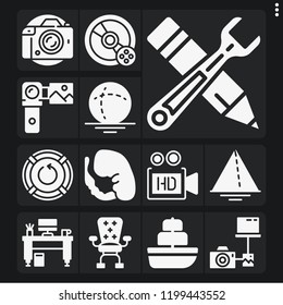 Set of 13 technology filled icons such as ship, reset, photo camera, embryo, compact disc, camcorder, video camera, transfer, sphere, triangle, desk