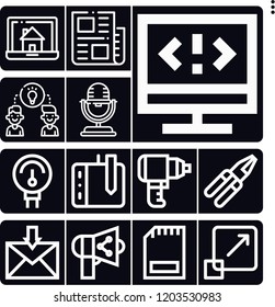 Set of 13 technology outline icons such as news, laptop, manometer, microphone, graphic design, drawing tablet, driller, pliers, sharing, coding, inbox, share