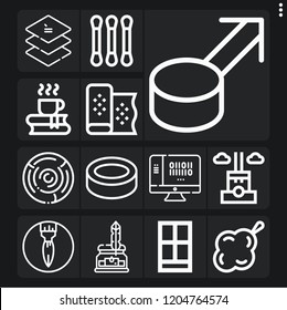 Set of 13 texture outline icons such as wood, paint brush, sponge, ink, cotton, chimney, coffee, puck, binary, fabric, layer