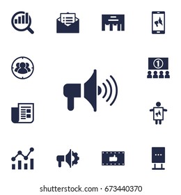 Set Of 13 Trade Icons Set.Collection Of Message, Bullhorn, Billboard And Other Elements.