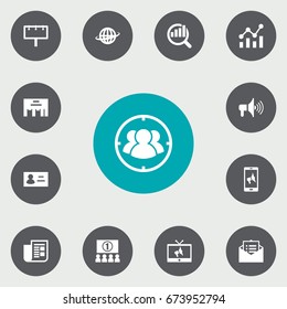 Set Of 13 Trade Icons Set.Collection Of Auditorium, Statistics, Bullhorn And Other Elements.