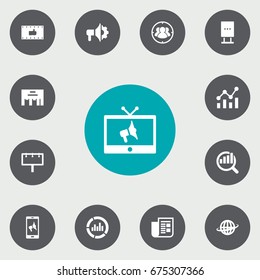 Set Of 13 Trade Icons Set.Collection Of Statistics, Loudspeaker, Group And Other Elements.