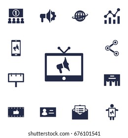 Set Of 13 Trade Icons Set.Collection Of Loudspeaker, Placard, Statistics And Other Elements.