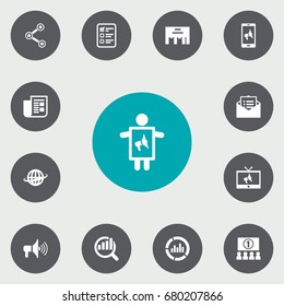 Set Of 13 Trade Icons Set.Collection Of Ads, Auditorium, Customer Summary And Other Elements.