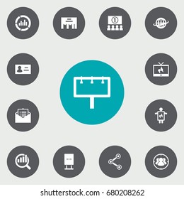 Set Of 13 Trade Icons Set.Collection Of Man With Banner, Group, Billboard And Other Elements.