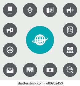 Set Of 13 Trade Icons Set.Collection Of Man With Banner, Journal, Loudspeaker And Other Elements.